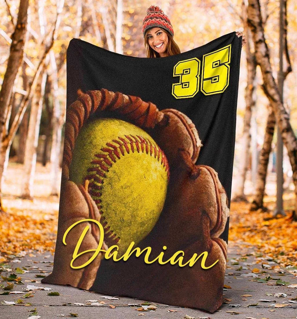 Custom Name & Number Baseball Blanket - Personalized Softball Throw Blanket for Kids