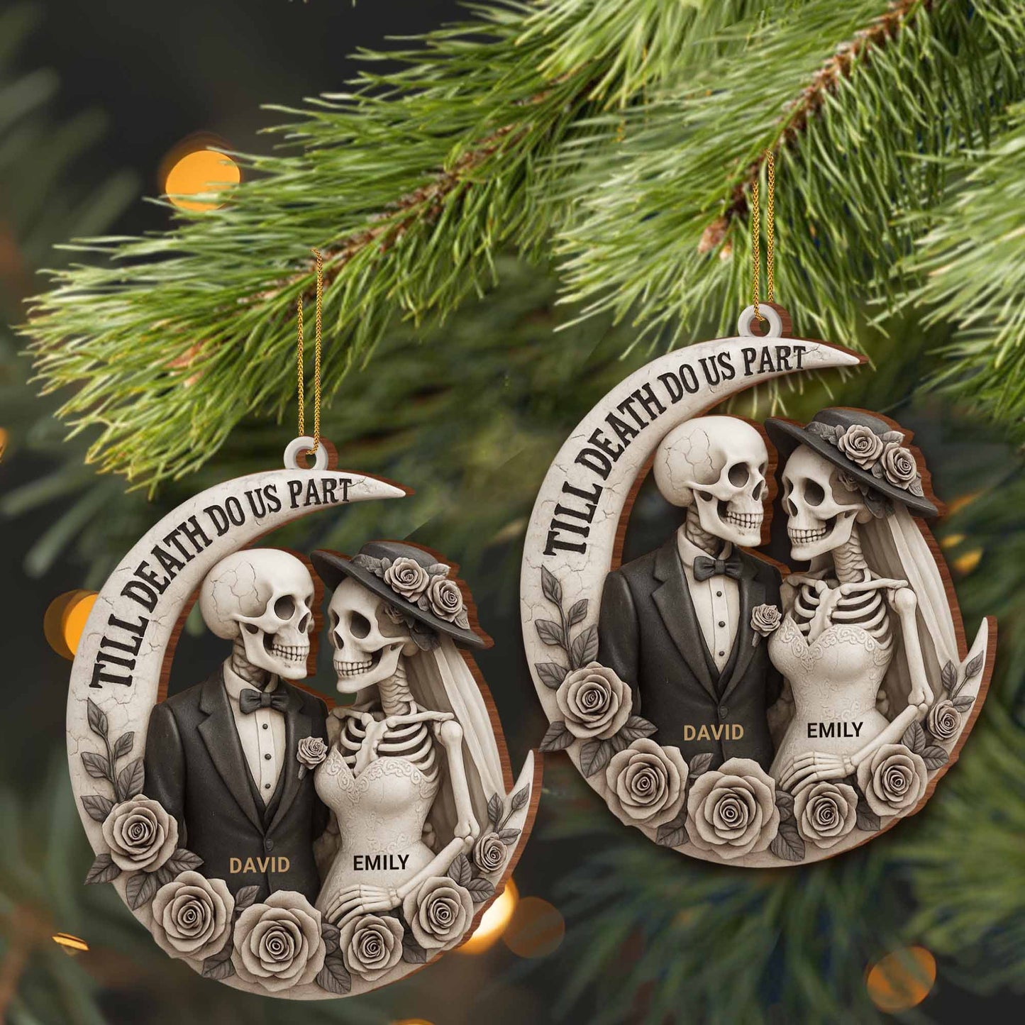 Personalized Till Death Do Us Part skeleton ornament with custom names for couples wedding anniversary gift image 6
