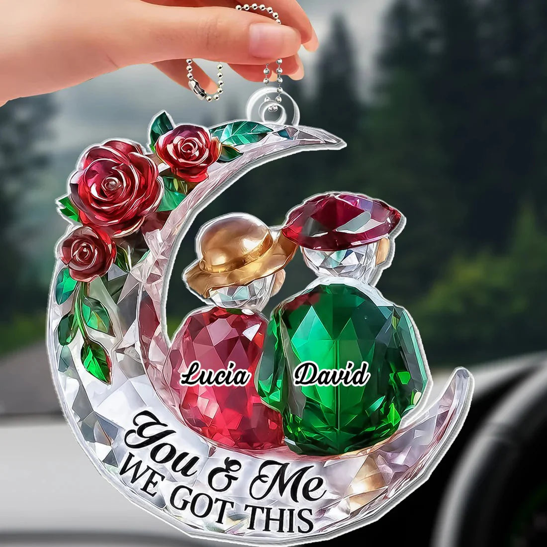 Personalized couple ornament with custom names on a crystal moon with red roses for anniversary gift image 6