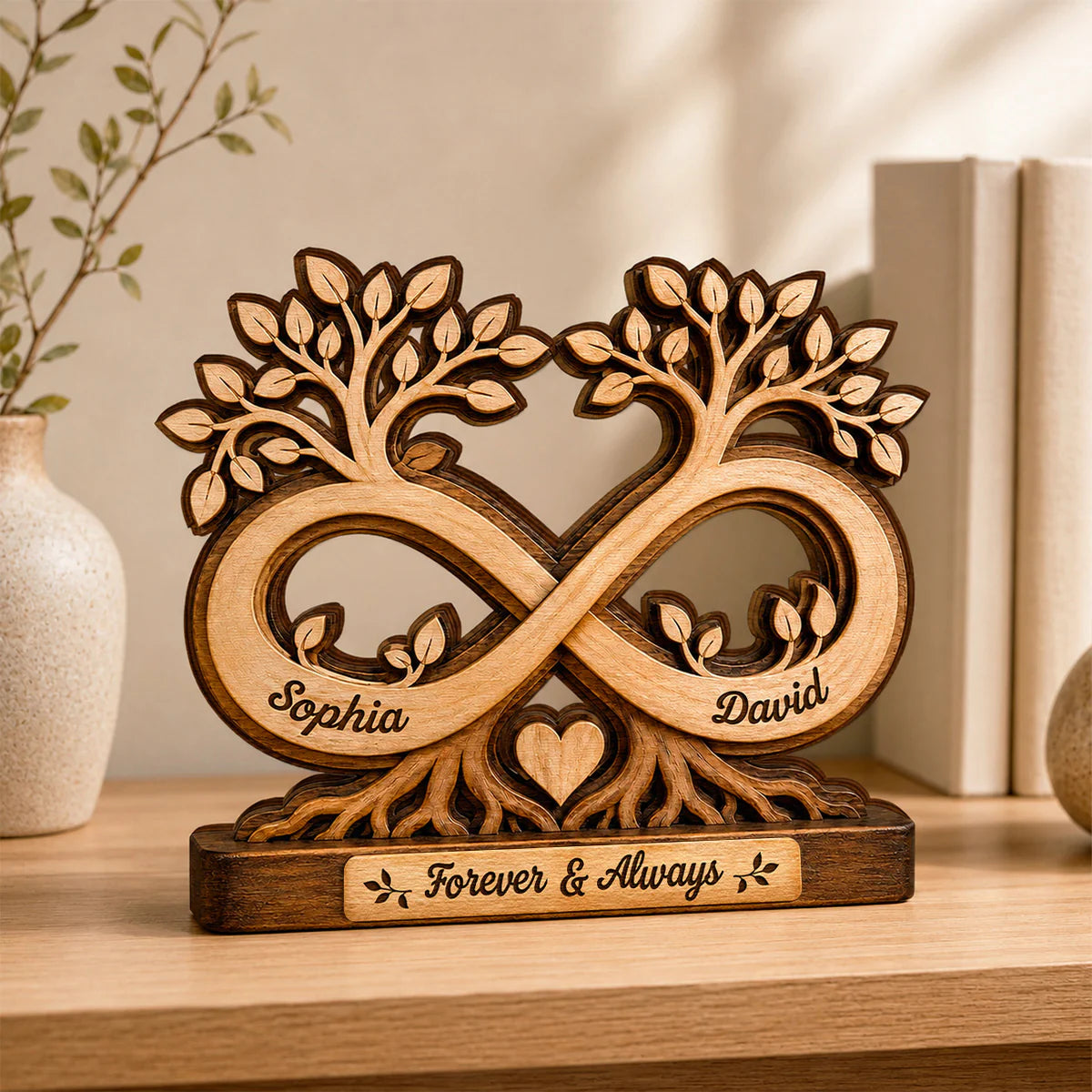 Personalized Infinity Tree Wooden Plaque for Couples with personalized design details for meaningful gifting