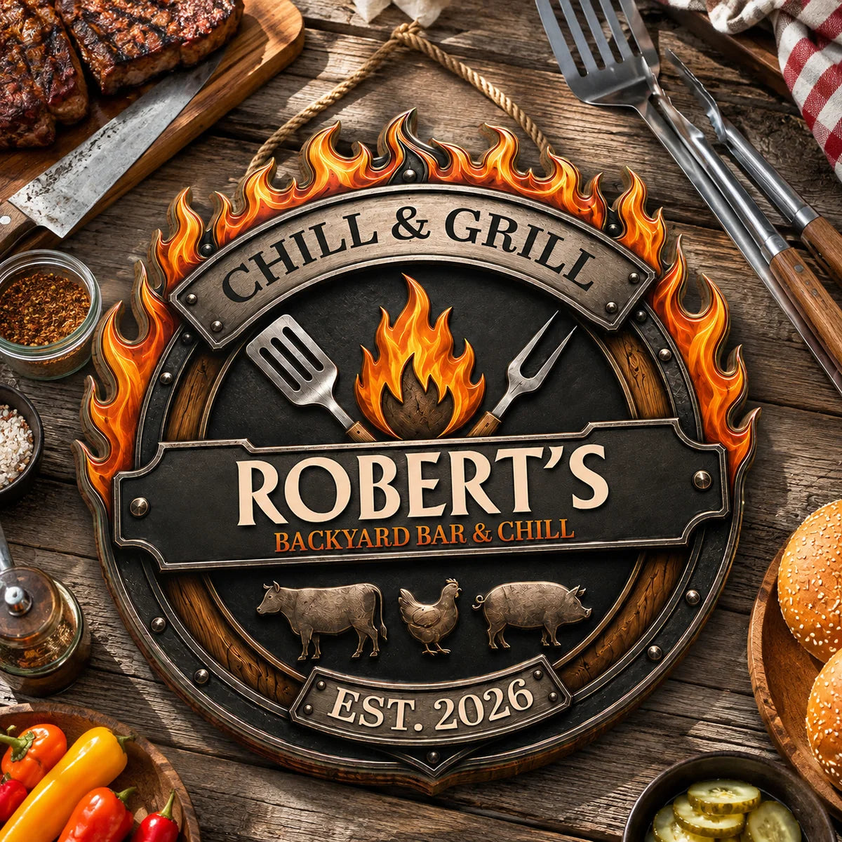 Chill & Grill Backyard Bar Personalized Wood Sign - Custom BBQ Grill Master Gift for Dad