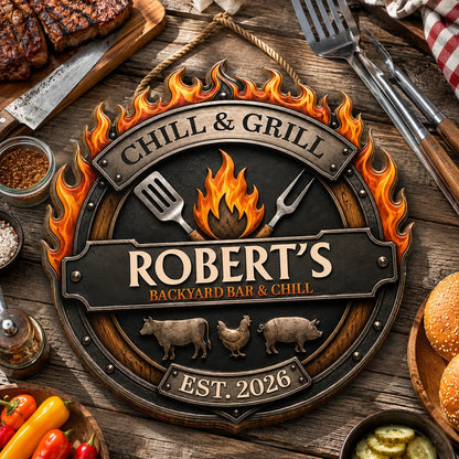 Chill & Grill Backyard Bar Personalized Wood Sign - Custom BBQ Grill Master Gift for Dad