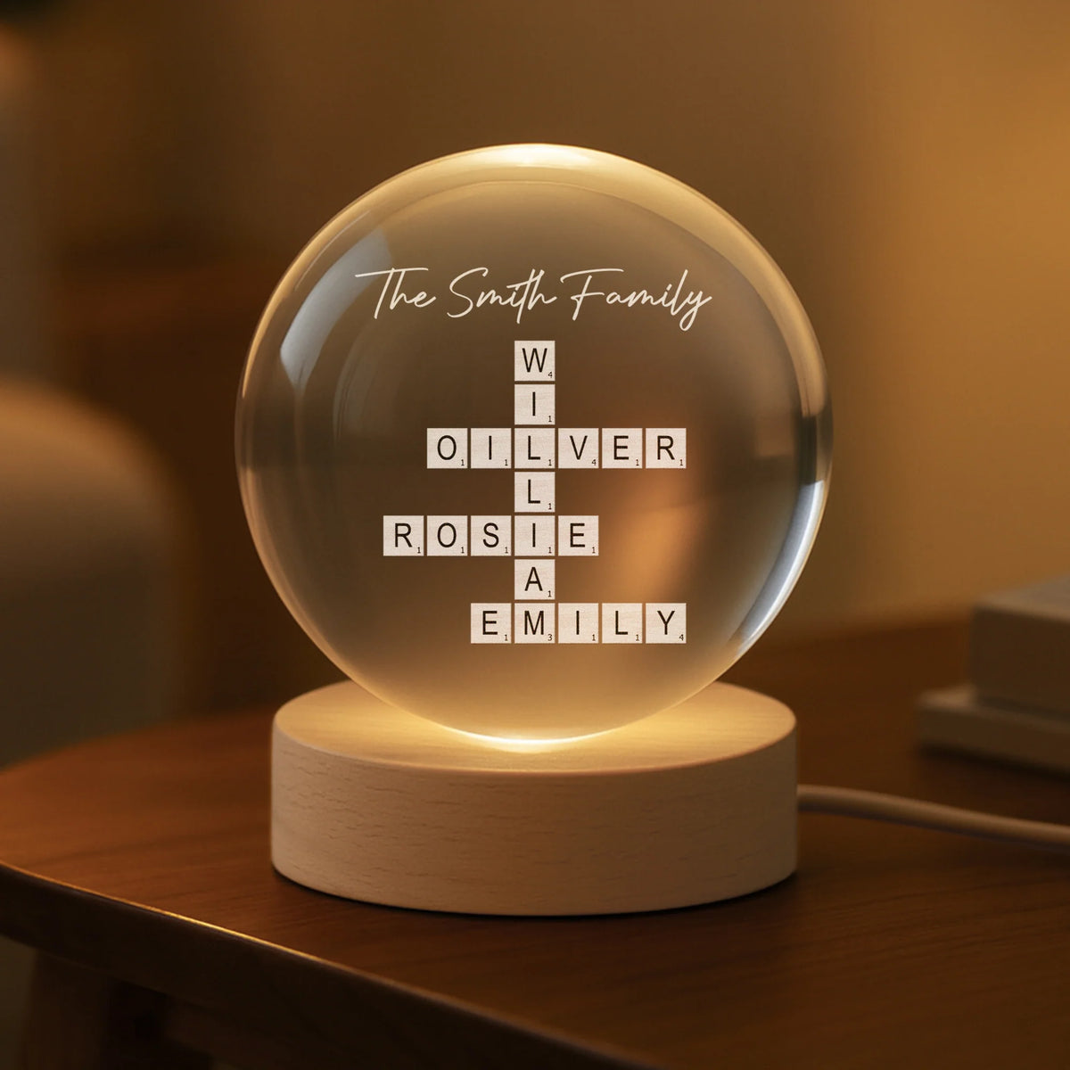 Crossword Family Names Personalized Crystal Ball Lamp - Mom & Dad Keepsake