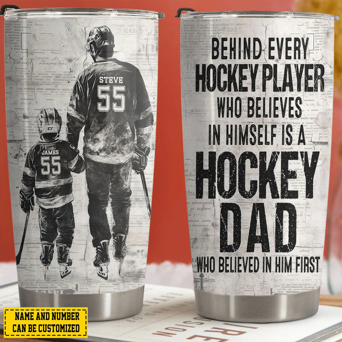 Personalized hockey dad tumbler featuring custom name and number print, unique Father's Day gift for hockey lovers