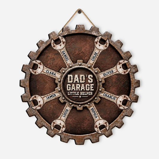 Dad's Garage Little Helper Personalized Wood Sign - Custom Workshop Gear Decor for Dad & Grandpa