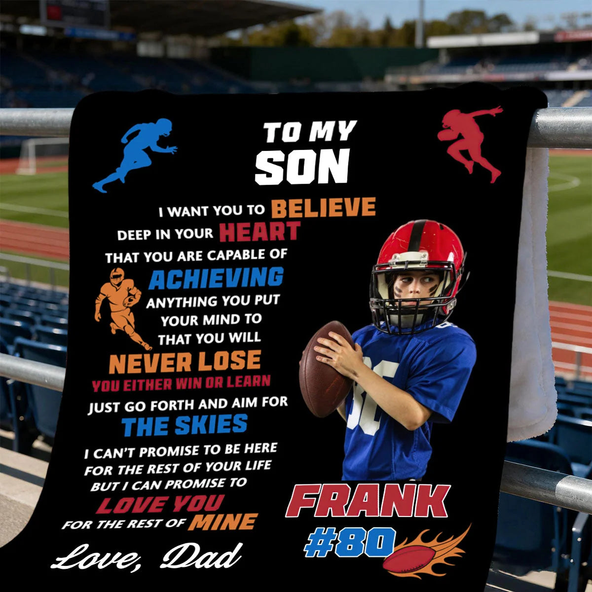 To My Son Personalized Football Blanket - Custom Photo Name & Number Game Day Gift