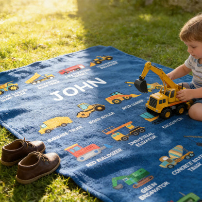 Personalized construction truck blanket featuring custom name and cartoon industrial vehicles for kids and toddlers image 8