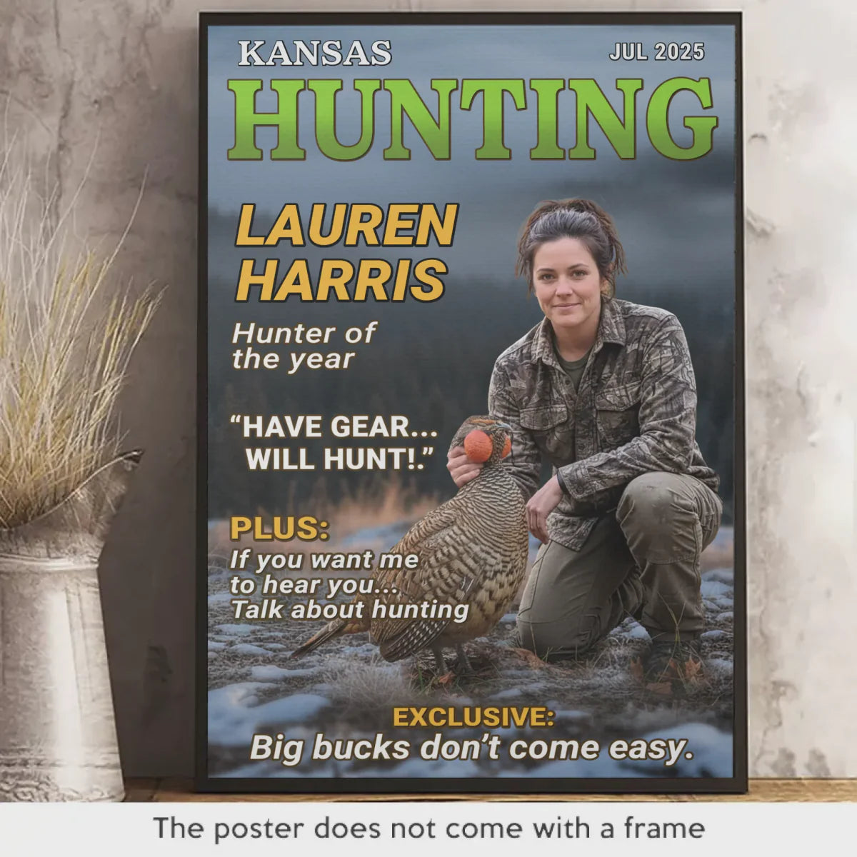 Personalized hunting gifts canvas poster featuring a custom magazine cover layout with a hunter and deer print