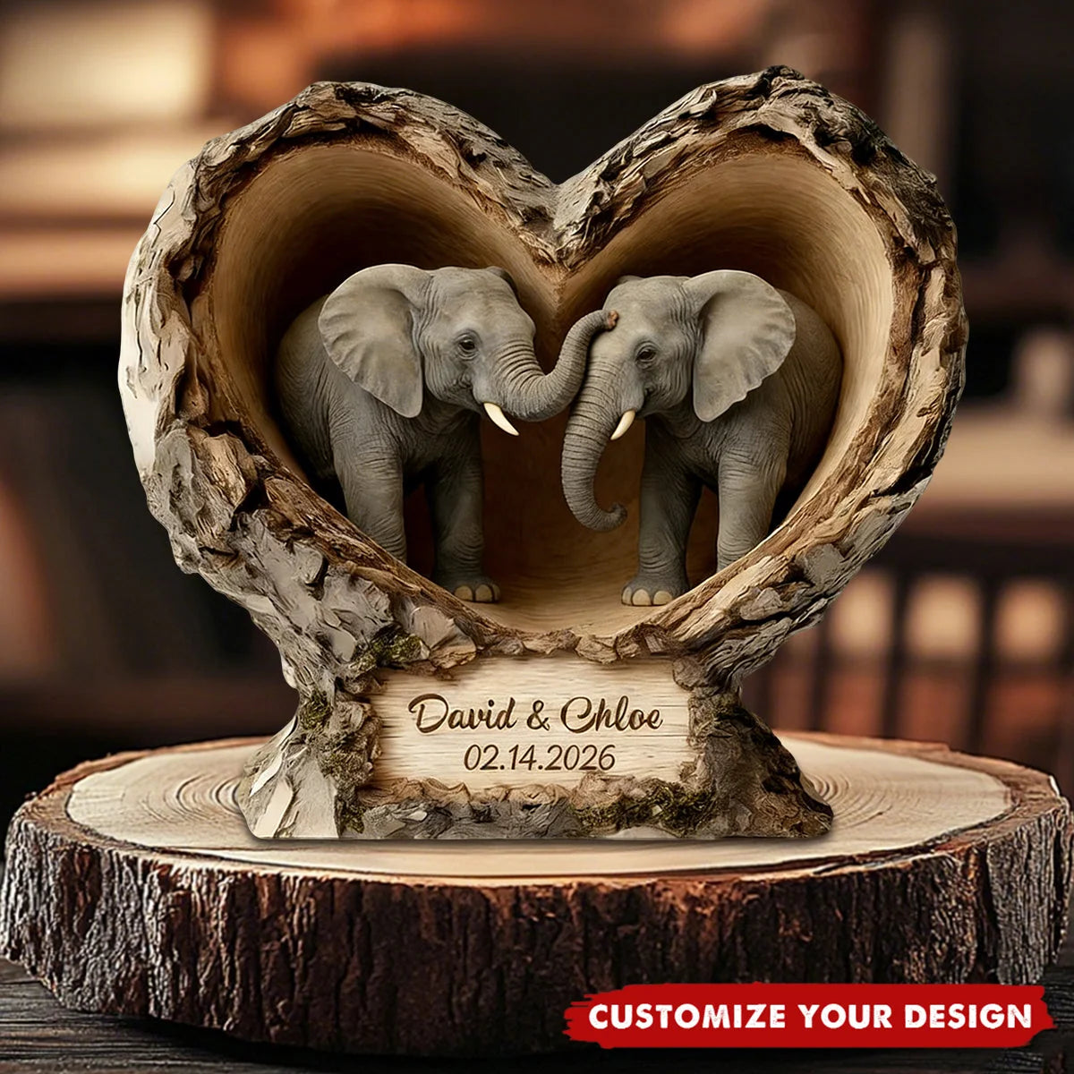 Elephant Heart Custom Shaped Wooden Block - Personalized Anniversary Gift for Couples