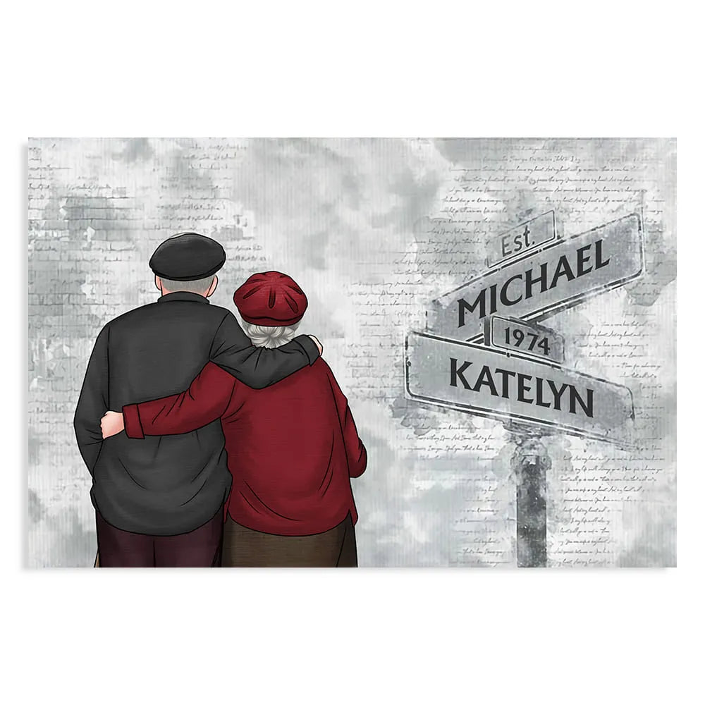 Custom Old Couple Street Sign Canvas / Poster - Personalized Anniversary Wall Art for Couples