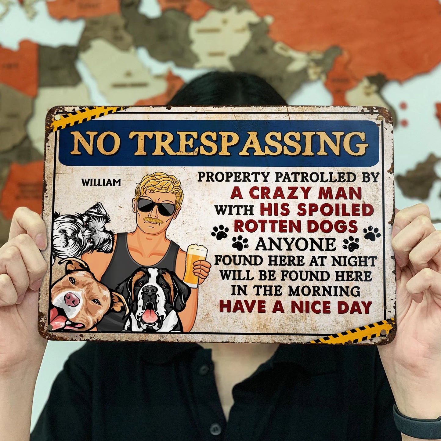 No Trespassing Property Patrolled By Crazy Woman - Personalized Metal Sign Gift for Dog Lovers