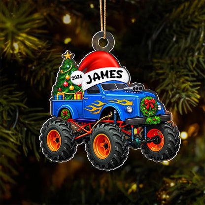 Personalized Monster Truck Acrylic Ornament - Custom Name Christmas Keepsake Gift for Kids