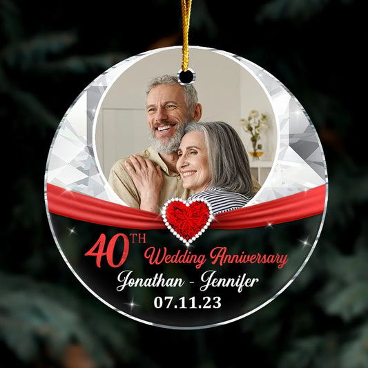 Custom 40th wedding anniversary photo ornament for couples featuring a ruby red heart design