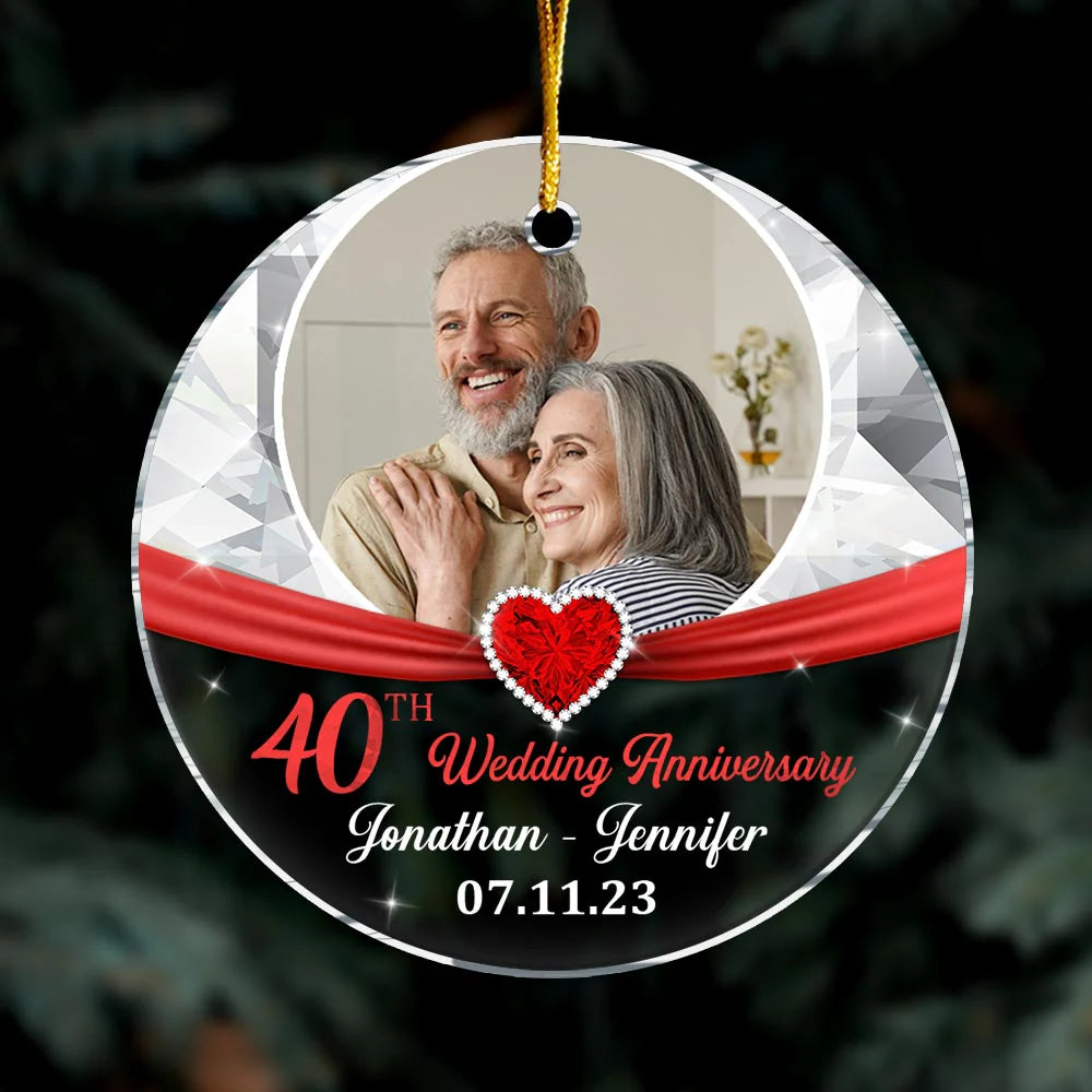 Custom 40th wedding anniversary photo ornament for couples featuring a ruby red heart design