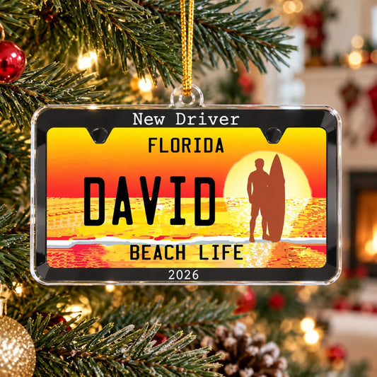 New Driver Custom State Car Plate Ornament - Personalized Teenager Car Gift & Christmas Keepsake