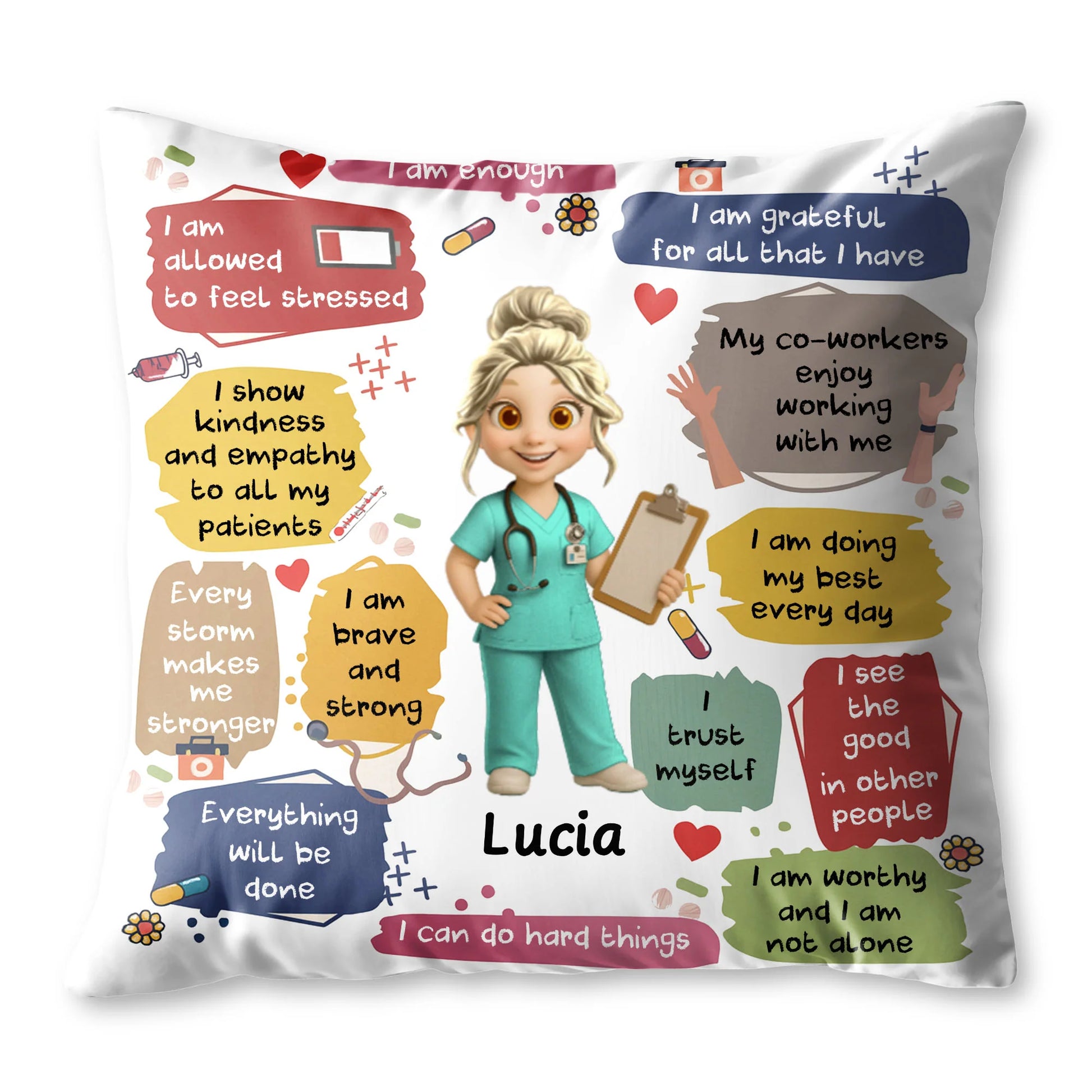 Personalized nurse pillow with custom character name and positive daily affirmations for healthcare workers image 6