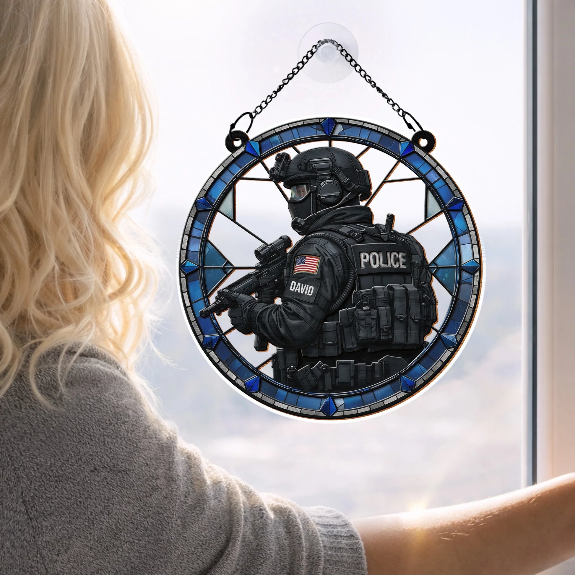 Personalized police officer suncatcher featuring custom name and tactical gear design for family decoration image 6