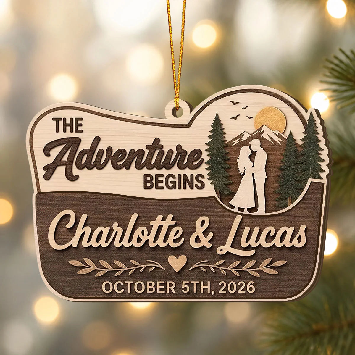 "The Adventure Begins" Personalized Wooden Ornament - Custom Wedding Keepsake for Couples