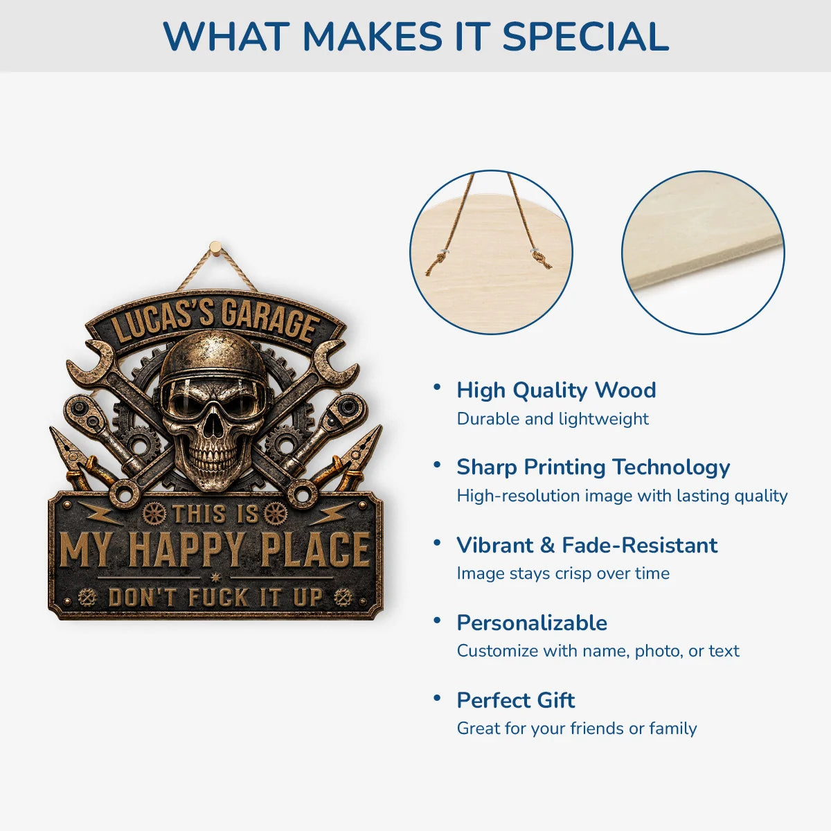 This Is My Happy Place Skull Garage Wood Sign - Personalized Workshop Plaque Gift for Dad