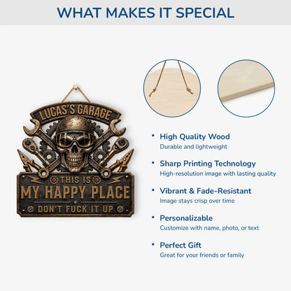 This Is My Happy Place Skull Garage Wood Sign - Personalized Workshop Plaque Gift for Dad