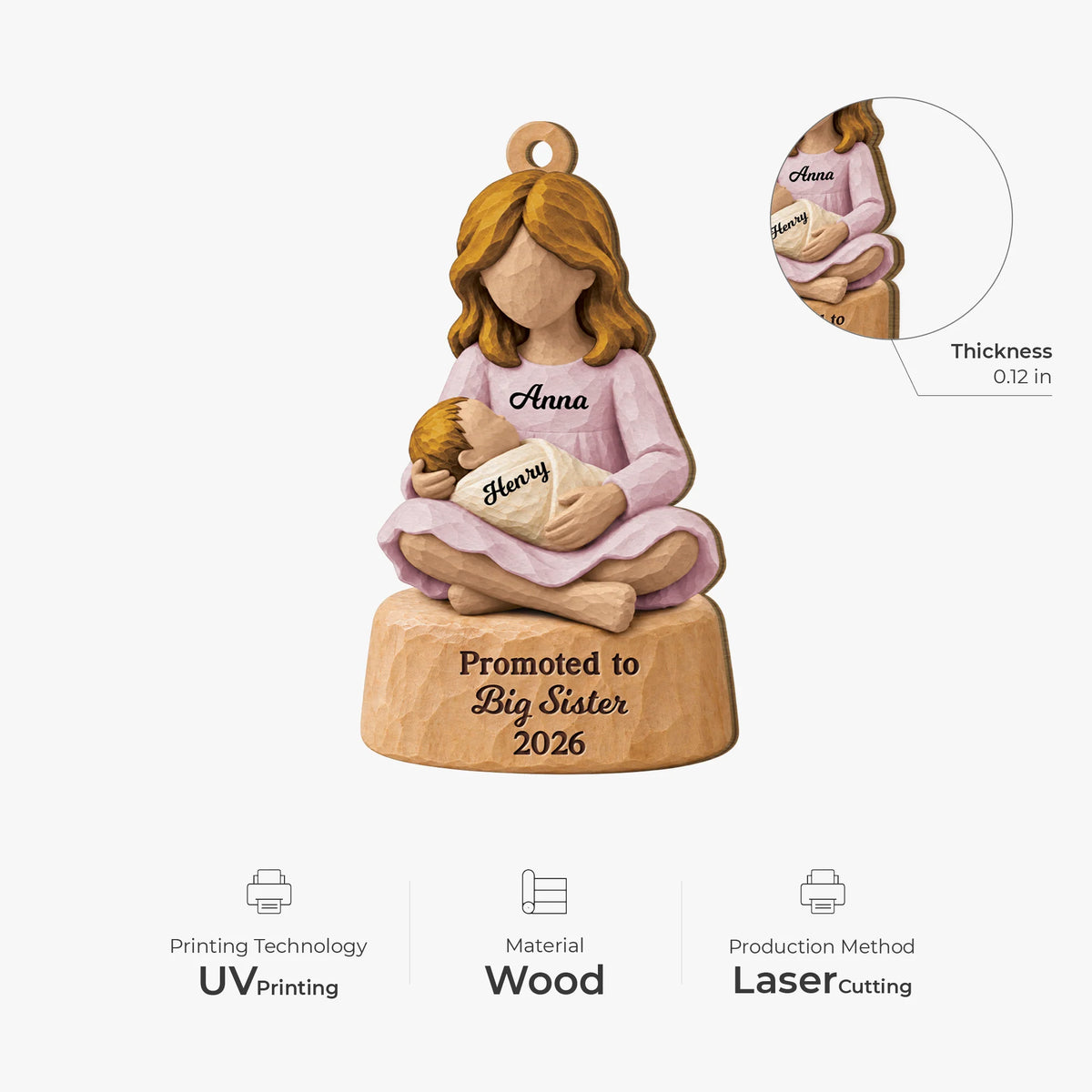 Promoted to Big Brother or Sister Personalized Wooden Ornament - Keepsake Gift for Kids