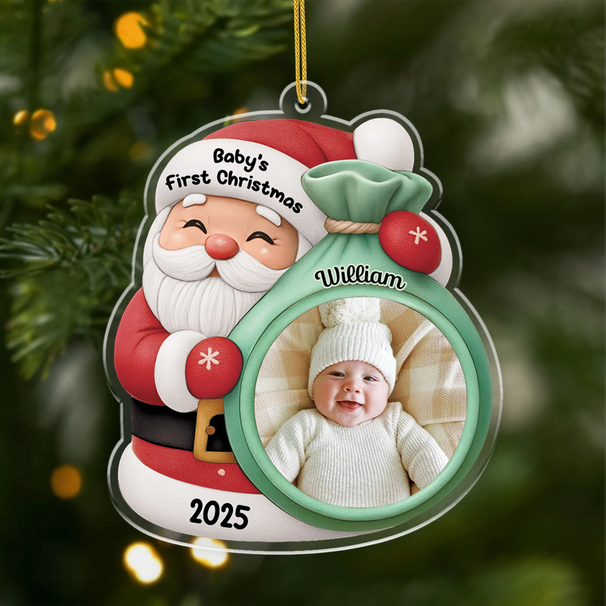 "Baby's First Christmas" Personalized Acrylic Ornament with Photo & Name - Custom Santa Keepsake Gift for Family
