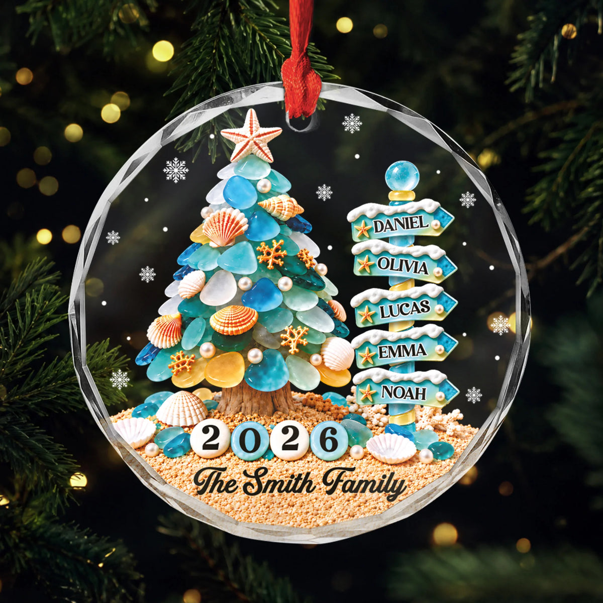 Custom Sea Glass Christmas Tree Family Names Keepsake - Personalized Glass Ornament for Christmas Tree Holiday Decor