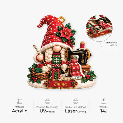 Christmas Sewing Gnome Personalized Acrylic Ornament - Holiday Keepsake Gift for Crafters