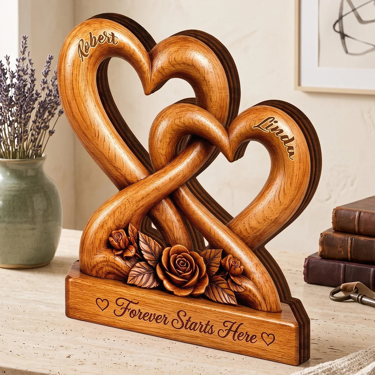 Forever Starts Here Personalized Wooden Block - Custom Anniversary Keepsake for Couples
