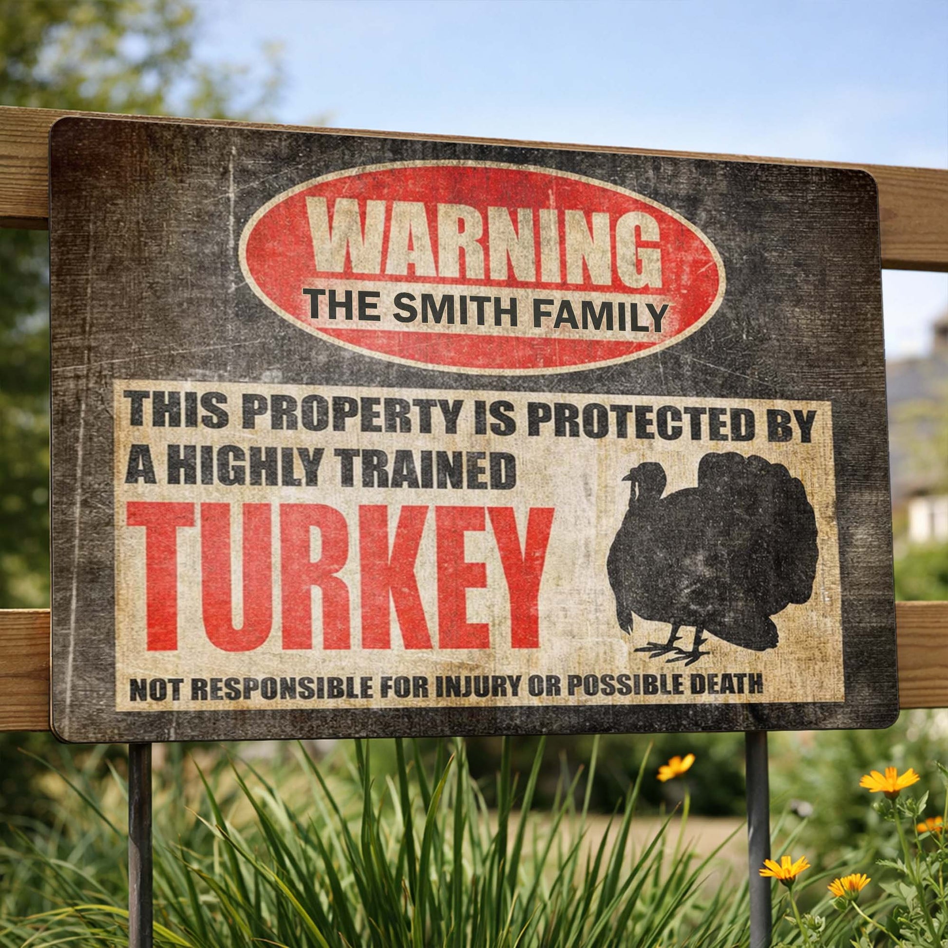 Personalized turkey farm metal sign with custom family name for funny homestead yard decor image 8