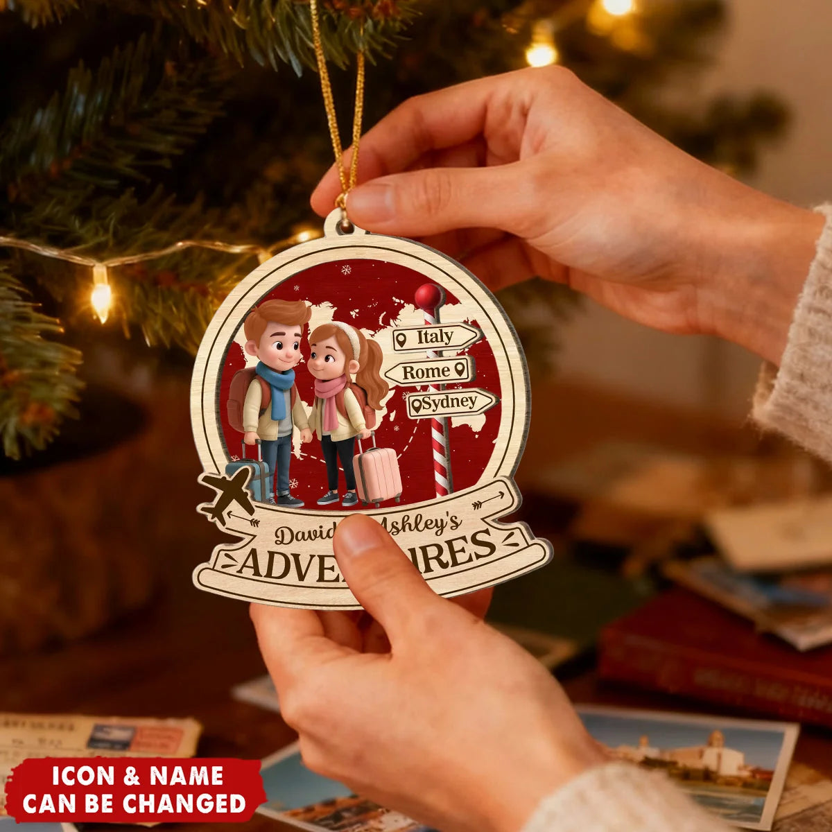 "Our Adventures" Personalized Couple Travel Wooden Ornament - Custom Christmas Holiday Gift for Couples