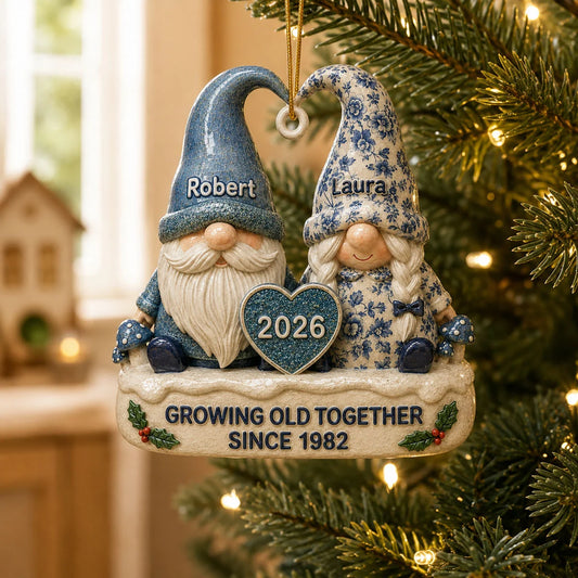 Growing Old Together Personalized Gnome Couple Acrylic Ornament - Custom Vintage Anniversary Gift