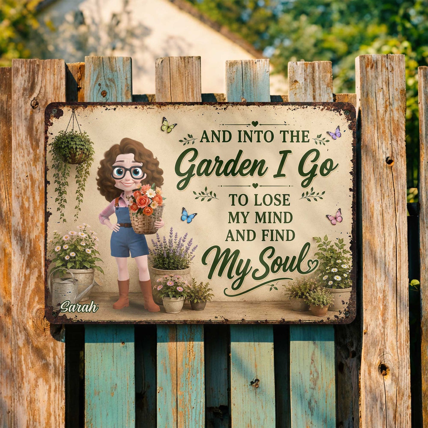 Personalized garden metal sign with cartoon woman and flowers, custom outdoor wall decor gift for mom