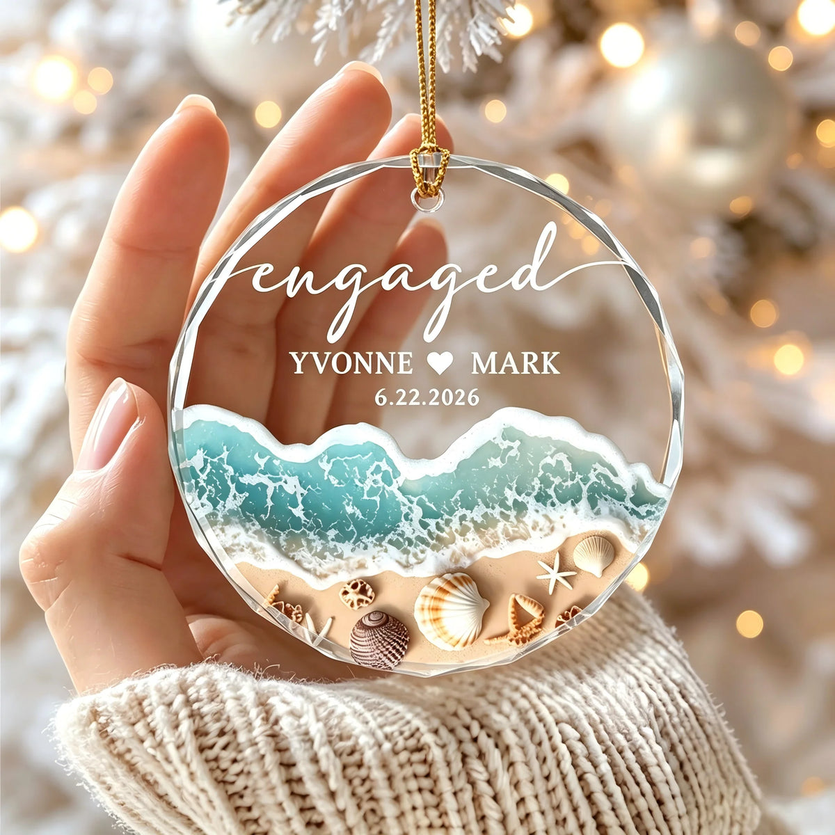 Engaged Beach Waves Personalized Glass Ornament - Custom Coastal Keepsake for Couples