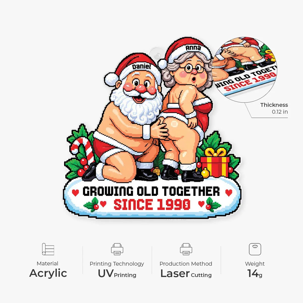 Growing Old Together Custom Pixel Art Santa Acrylic Ornament - Funny Christmas Gift for Couples