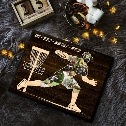 "Eat Sleep Disc Golf Repeat" Personalized Photo Collage Canvas / Poster - Custom Gift for Disc Golfers