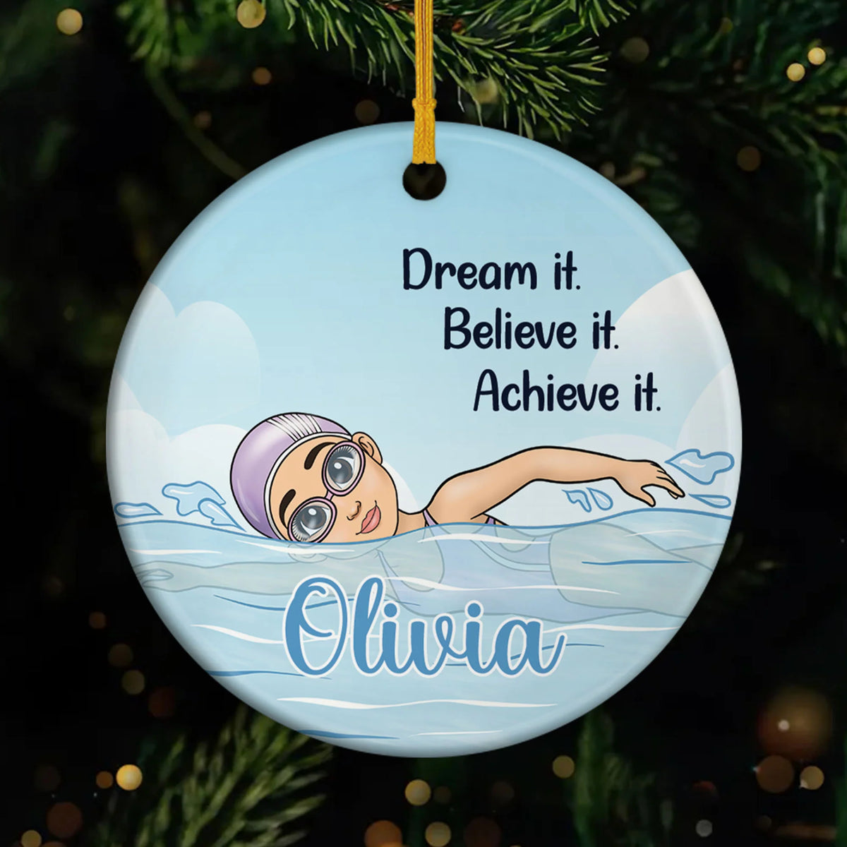 "Dream It Believe It Achieve It" Personalized Swimmer Ceramic Ornament - Custom Gifts for Swimmers