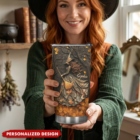Spooky Witch Art Print Personalized Tumbler - Custom Halloween Gift for Friends