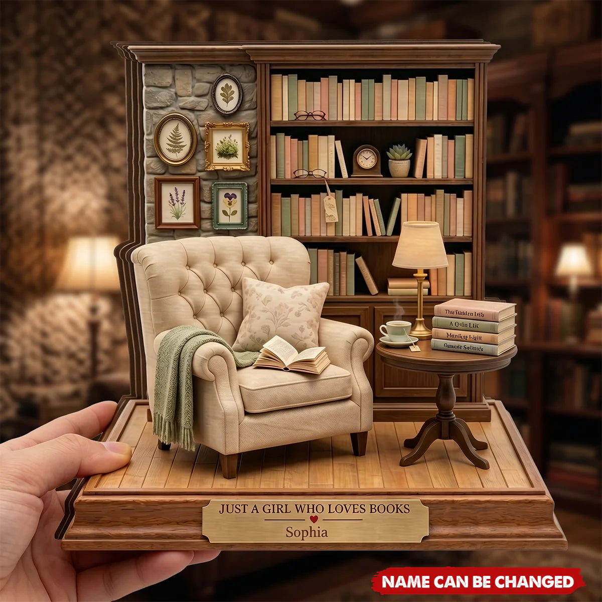Custom Book Nook Miniature Plaque personalization view for Mom