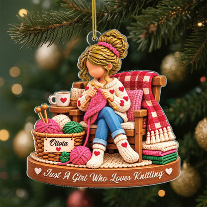 Just A Girl Who Loves Knitting Personalized Acrylic Ornament - Christmas Keepsake Gift for Mom Grandma