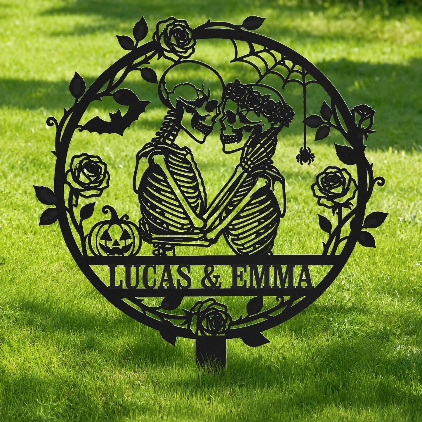 Personalized Skeleton Couple Metal Garden Stake - Custom Gothic Halloween Yard Sign & Romantic Anniversary Keepsake Gift
