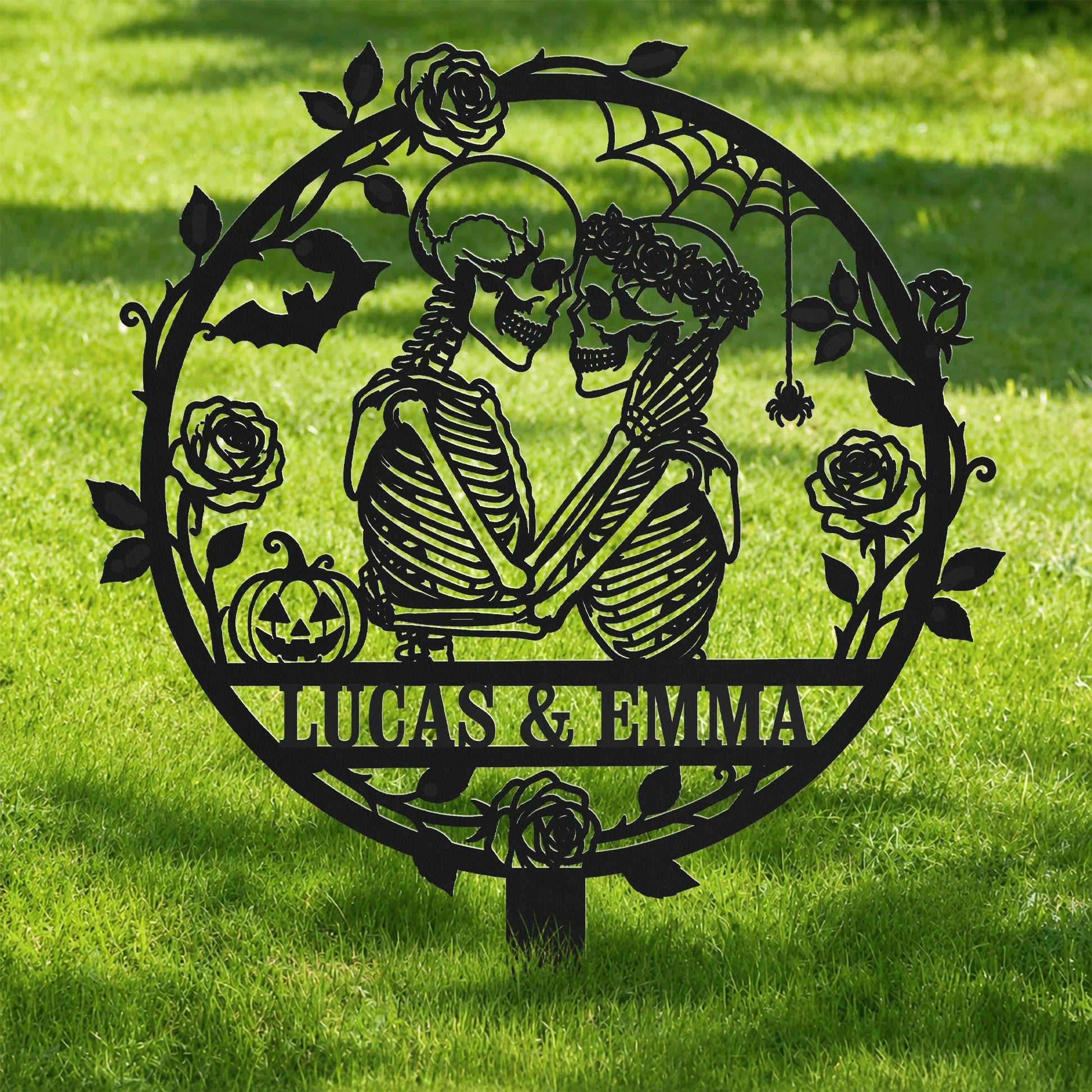 Personalized Skeleton Couple Metal Garden Stake - Custom Gothic Halloween Yard Sign & Romantic Anniversary Keepsake Gift