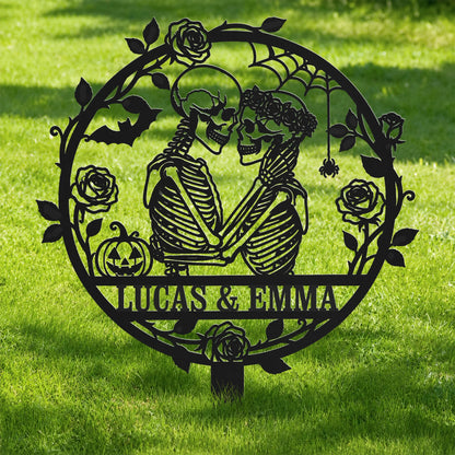 Personalized Skeleton Couple Metal Garden Stake - Custom Gothic Halloween Yard Sign & Romantic Anniversary Keepsake Gift