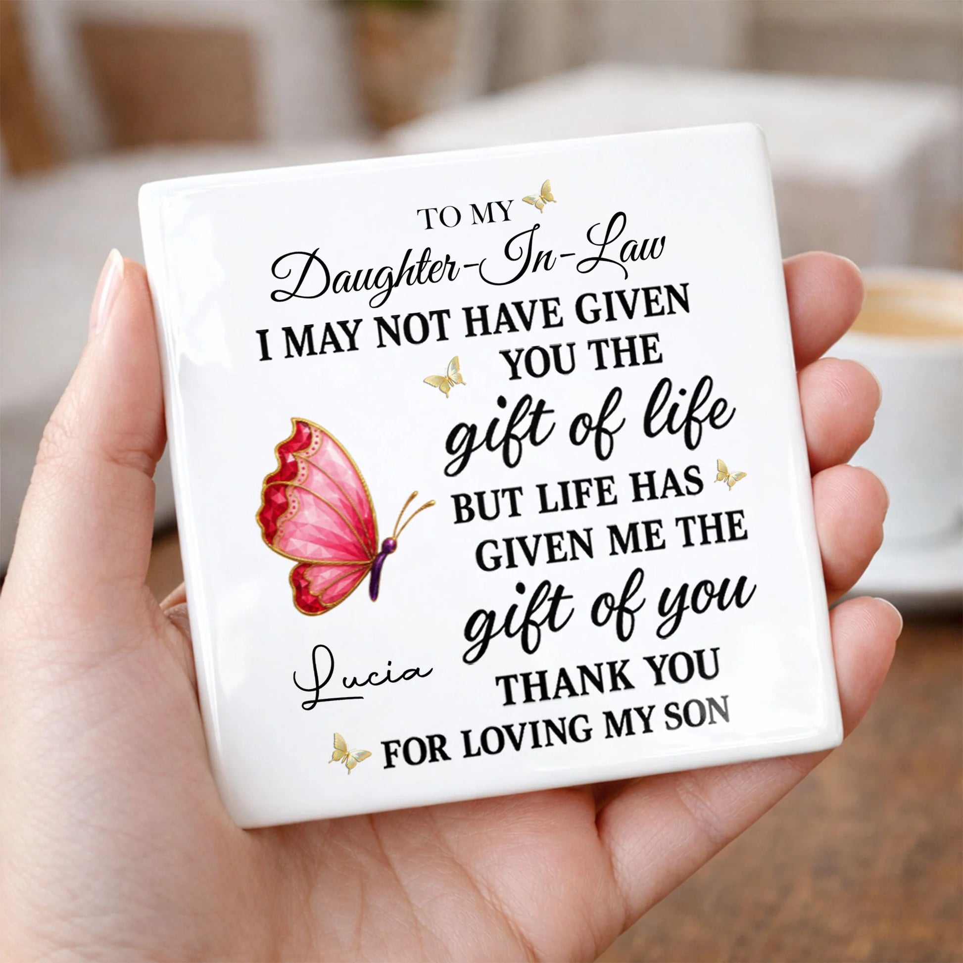 Personalized Daughter In Law Ceramic Coaster personalization view for Daughter-in-Law / Son-in-Law