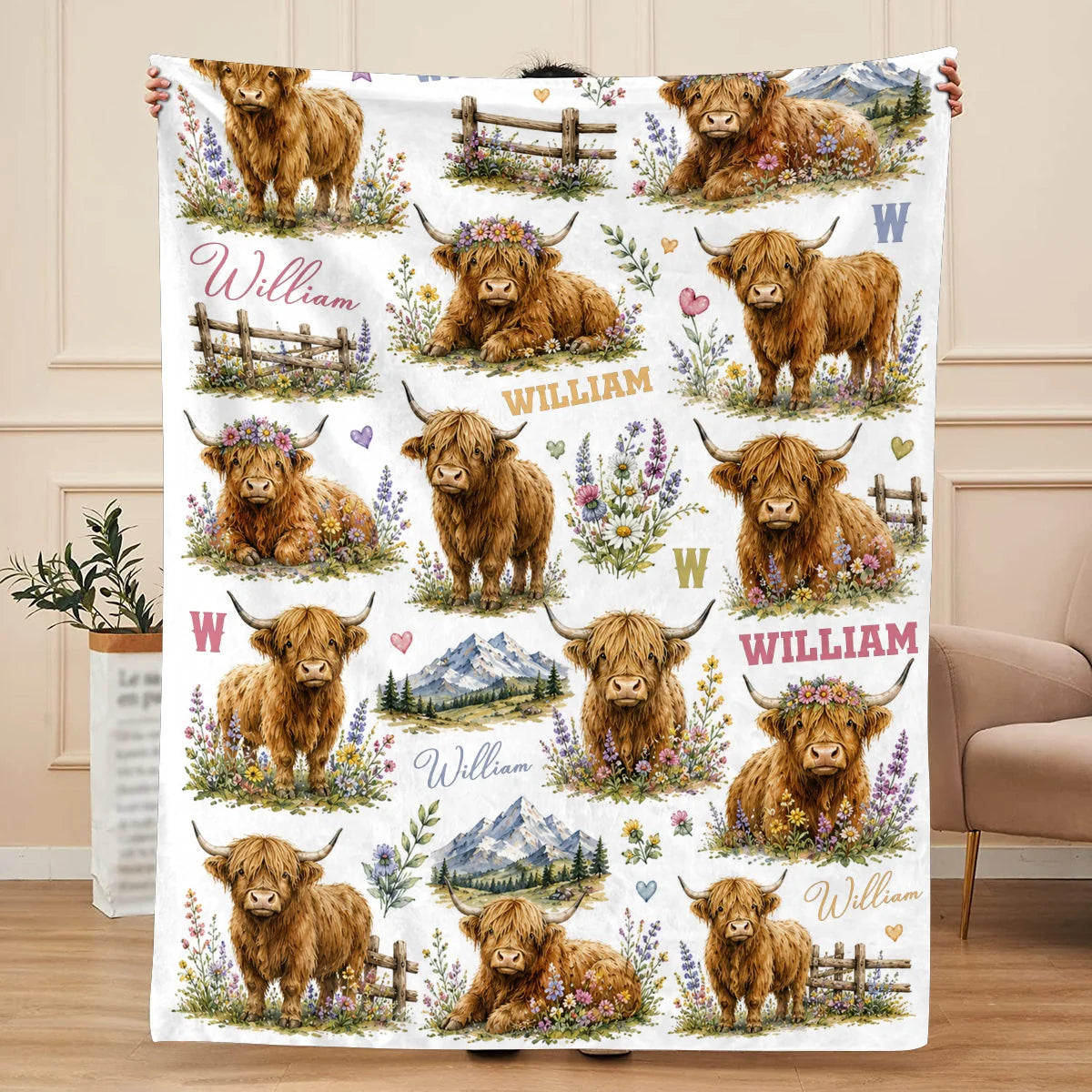 Personalized highland cow baby blanket with custom name for newborn baby shower gift