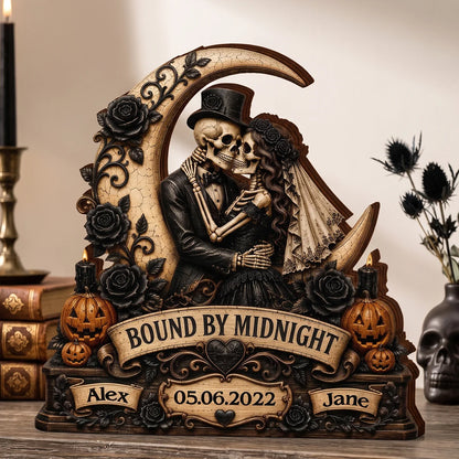 Bound By Midnight Personalized Skeleton Couple Wooden Block - Custom Halloween Anniversary Gift