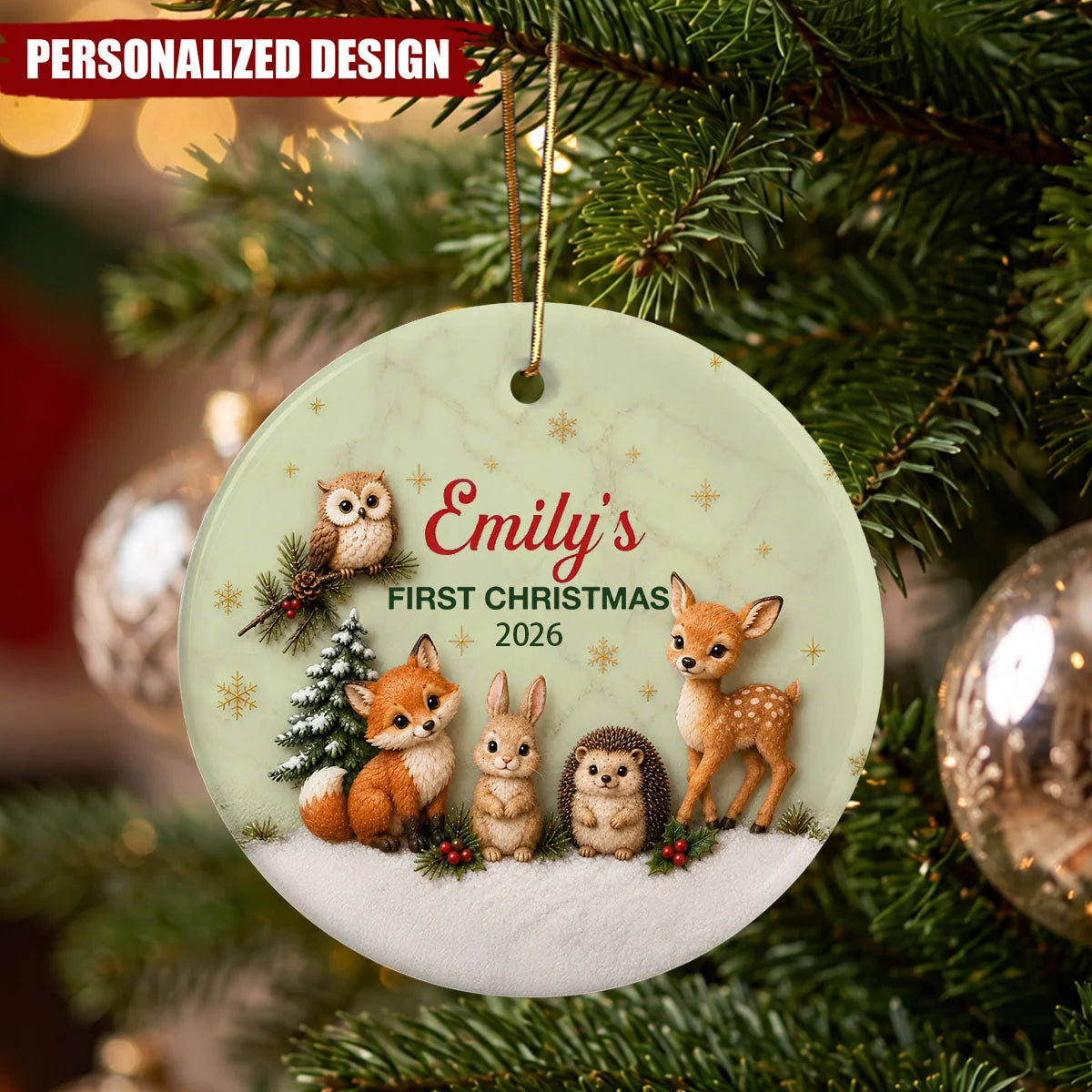 First Christmas Woodland Animals Ceramic Ornament - Personalized Baby Keepsake Gift