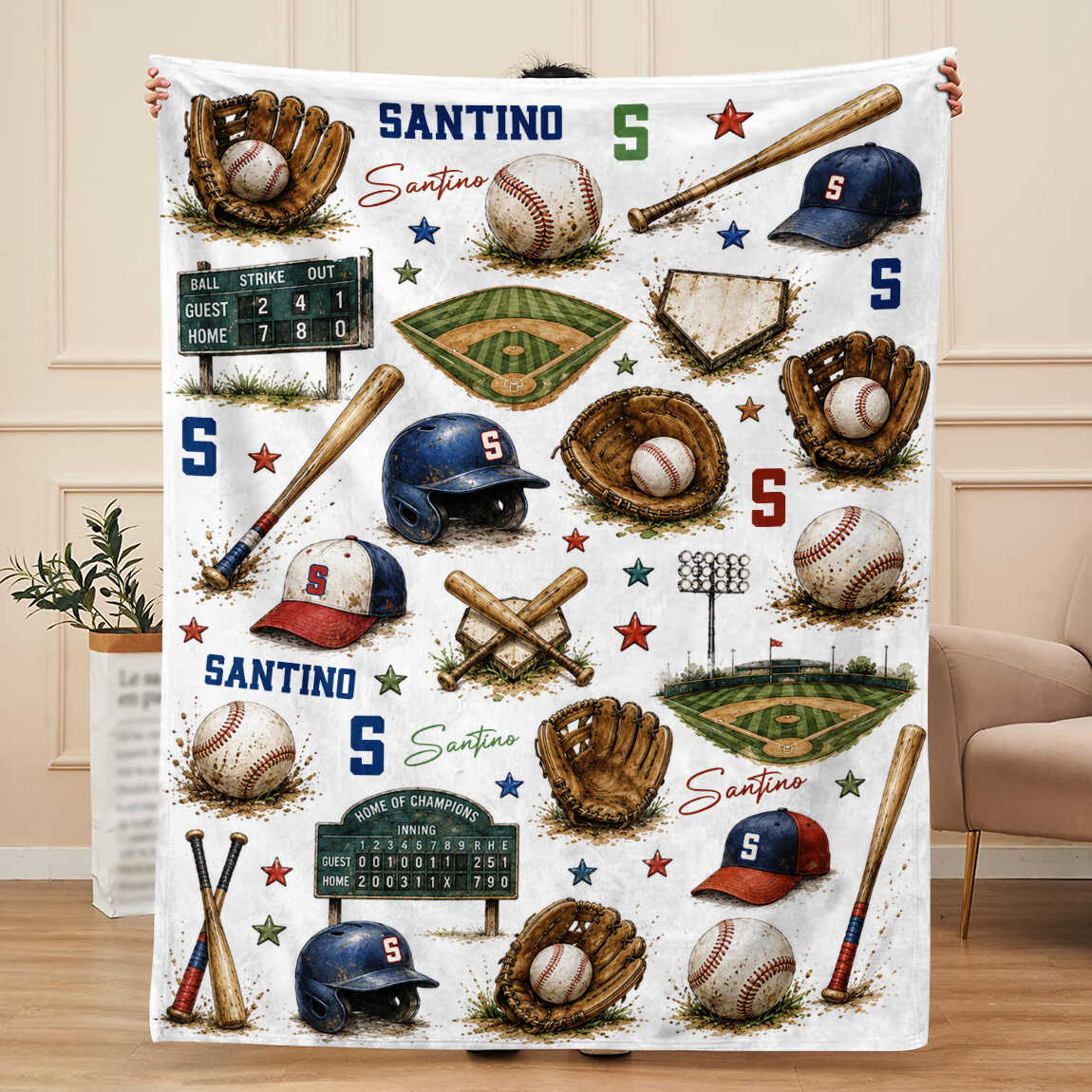 Personalized baseball blanket featuring custom boy's name and vintage sports illustrations for nursery decor
