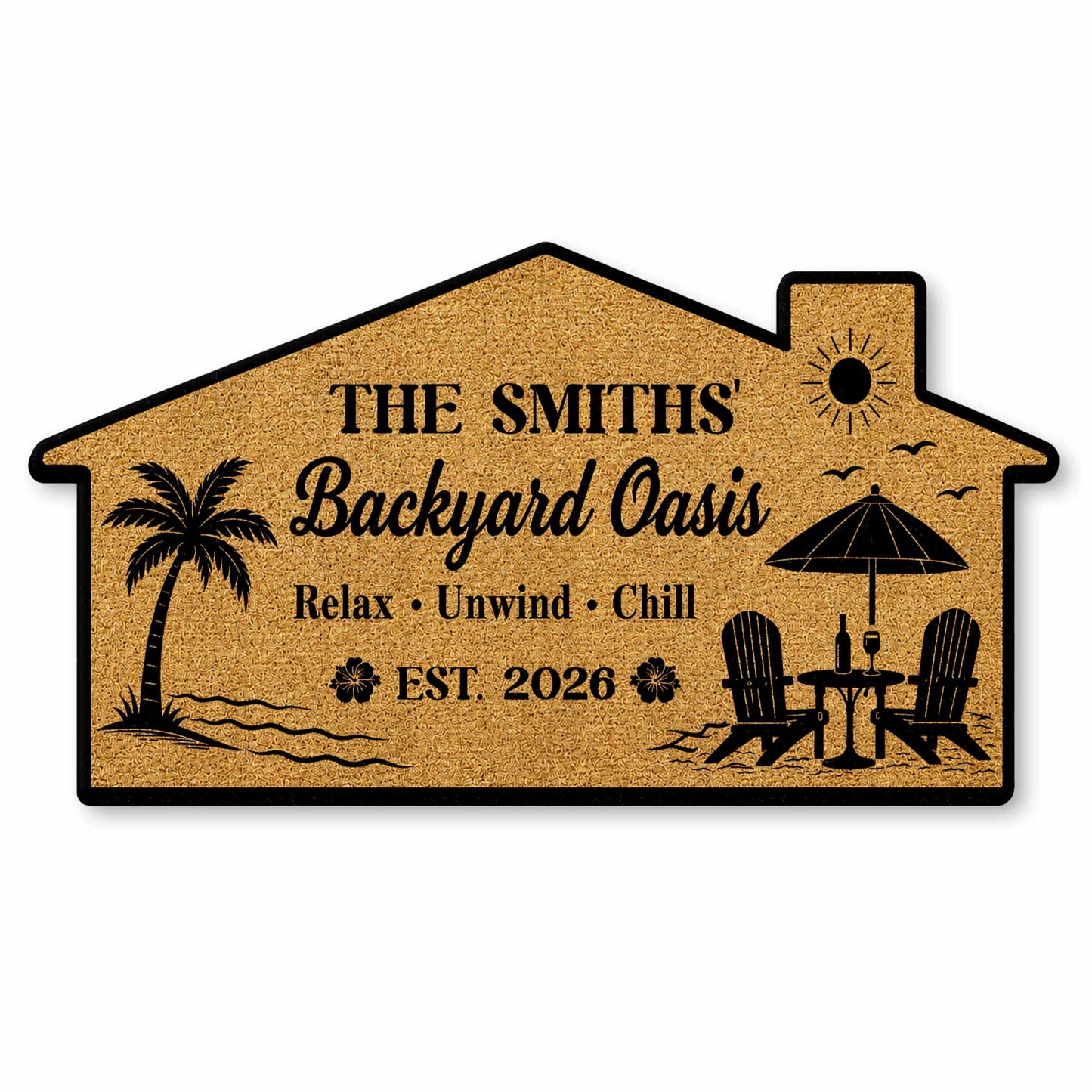 Custom shaped welcome mat featuring beach chairs and palm trees for front porch decor. image 8
