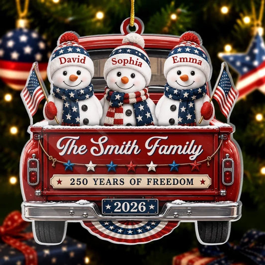 250 Years of Freedom Patriotic Family Truck - Personalized Christmas Acrylic Ornament Gift for Family